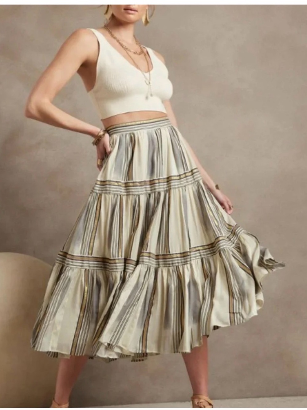 Banana Republic Zephyr Midi Skirt Size 2 Metallic Stripe Tiered Boho